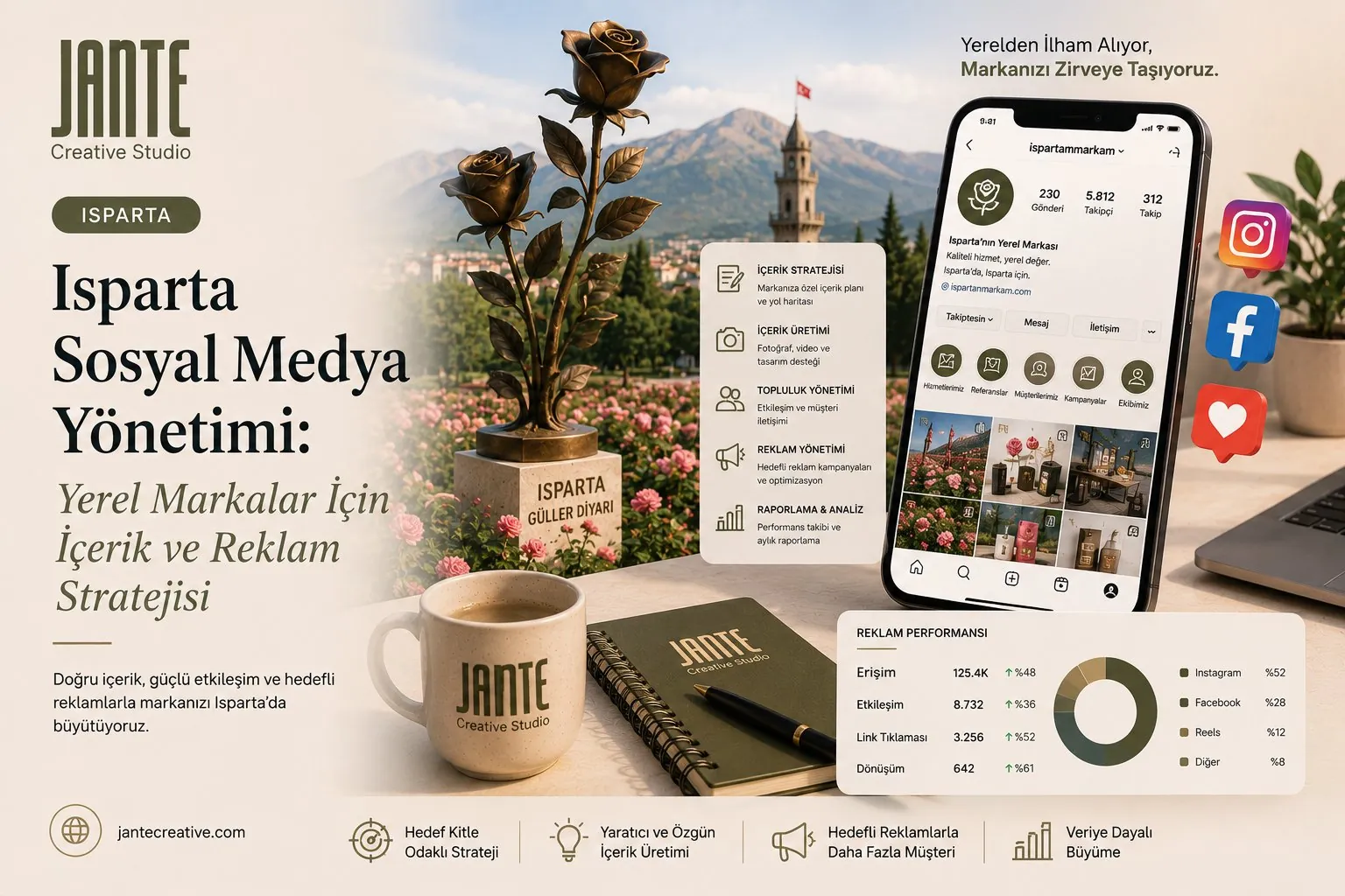 Isparta sosyal medya yönetimi — gül bahçesi ve Güller Diyarı anıtı önünde, yerel bir markanın Instagram profilini ve reklam performansı panelini gösteren telefon (Jante Creative)